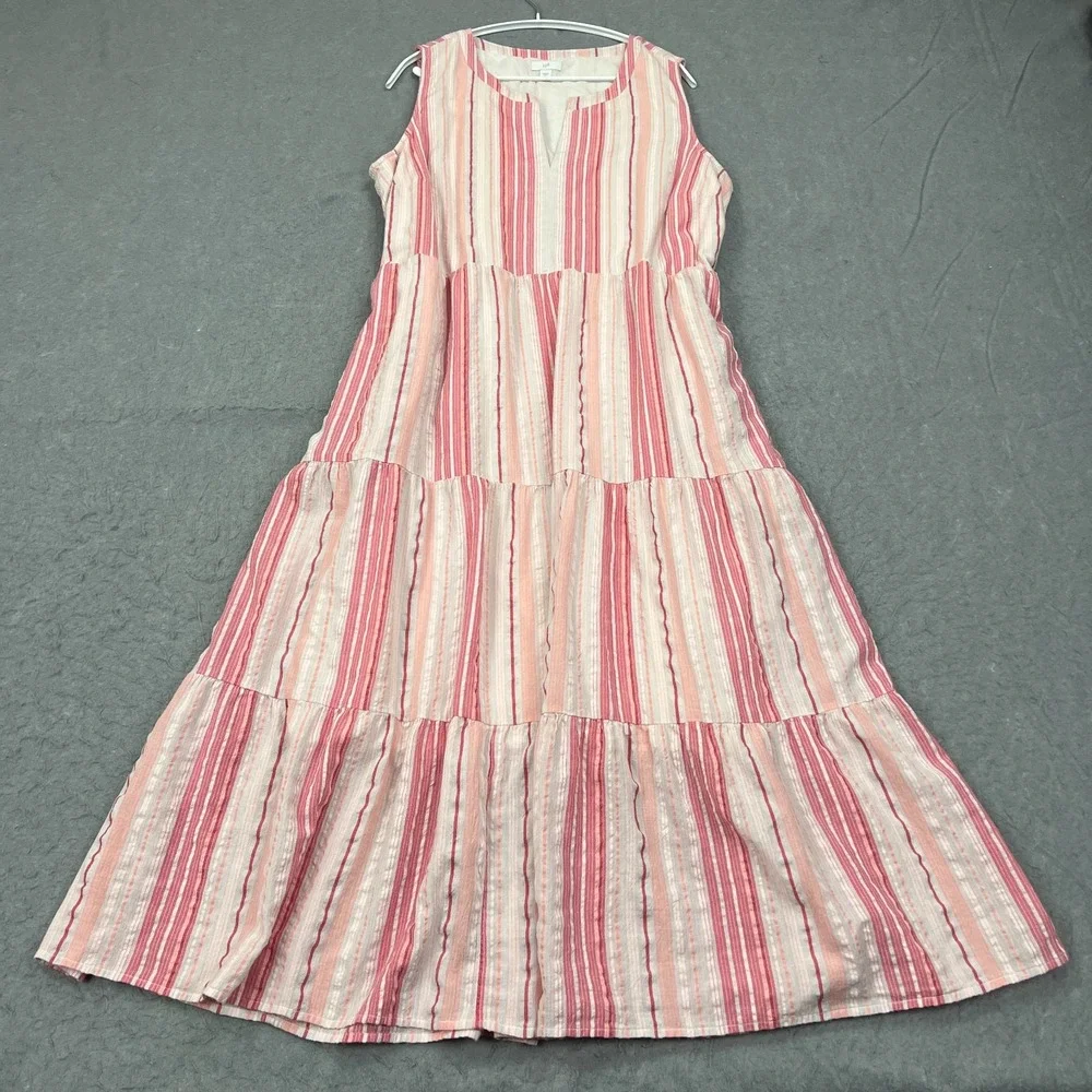 J Jill Dress Women's XL Pink Striped Sleeveless Lined Tiered Lined Maxi Boho - Picture 1 of 10